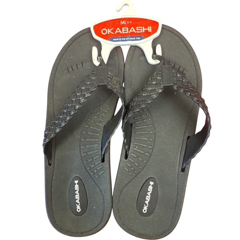 Okabashi Baja Womens Black Braided Strap Flip Flop NEW M/L 8-9 Made in USA